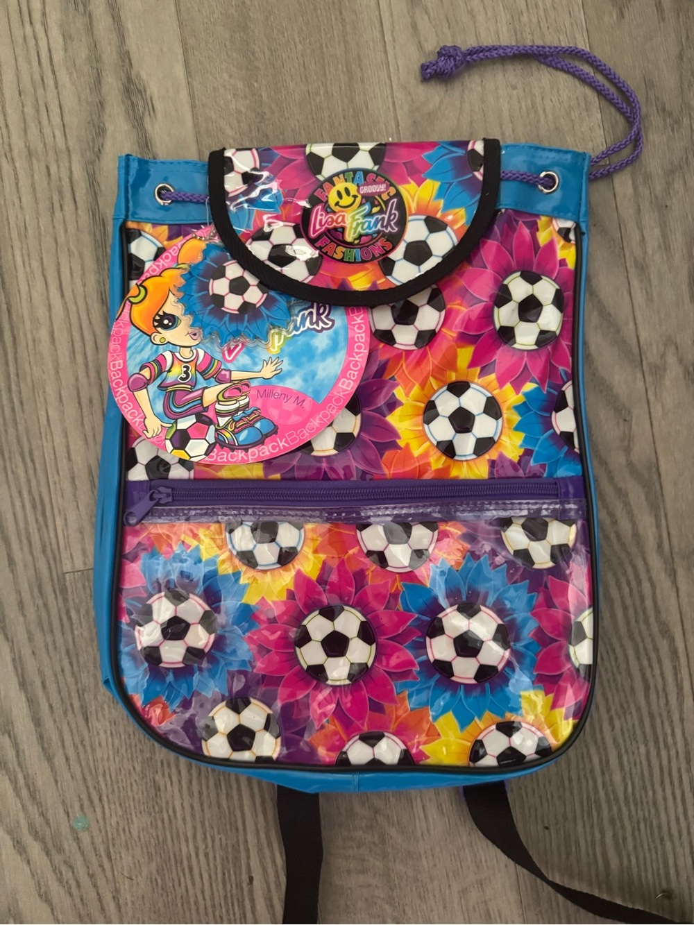 Lisa Frank Multicolor Pink Blue Purple Soccer Drawstring Backpack